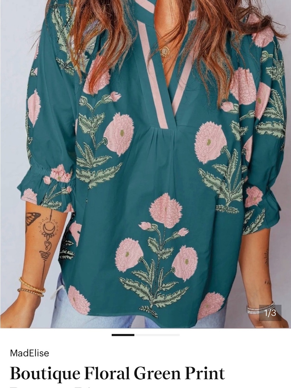 Boutique Floral Green Print Peasant Blouse